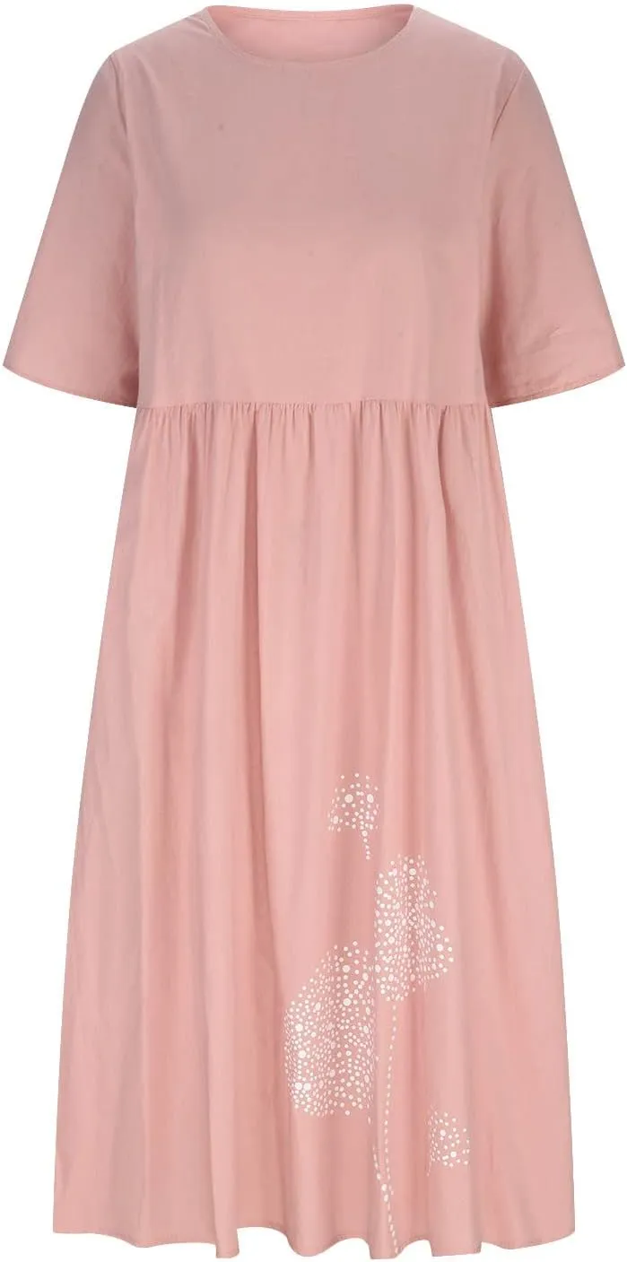 Women's Cotton Linen Ruched Tshirt Dress Dandelion Print Casual Plus Size Midi Dresses Beach Flowy Dress with Pocket