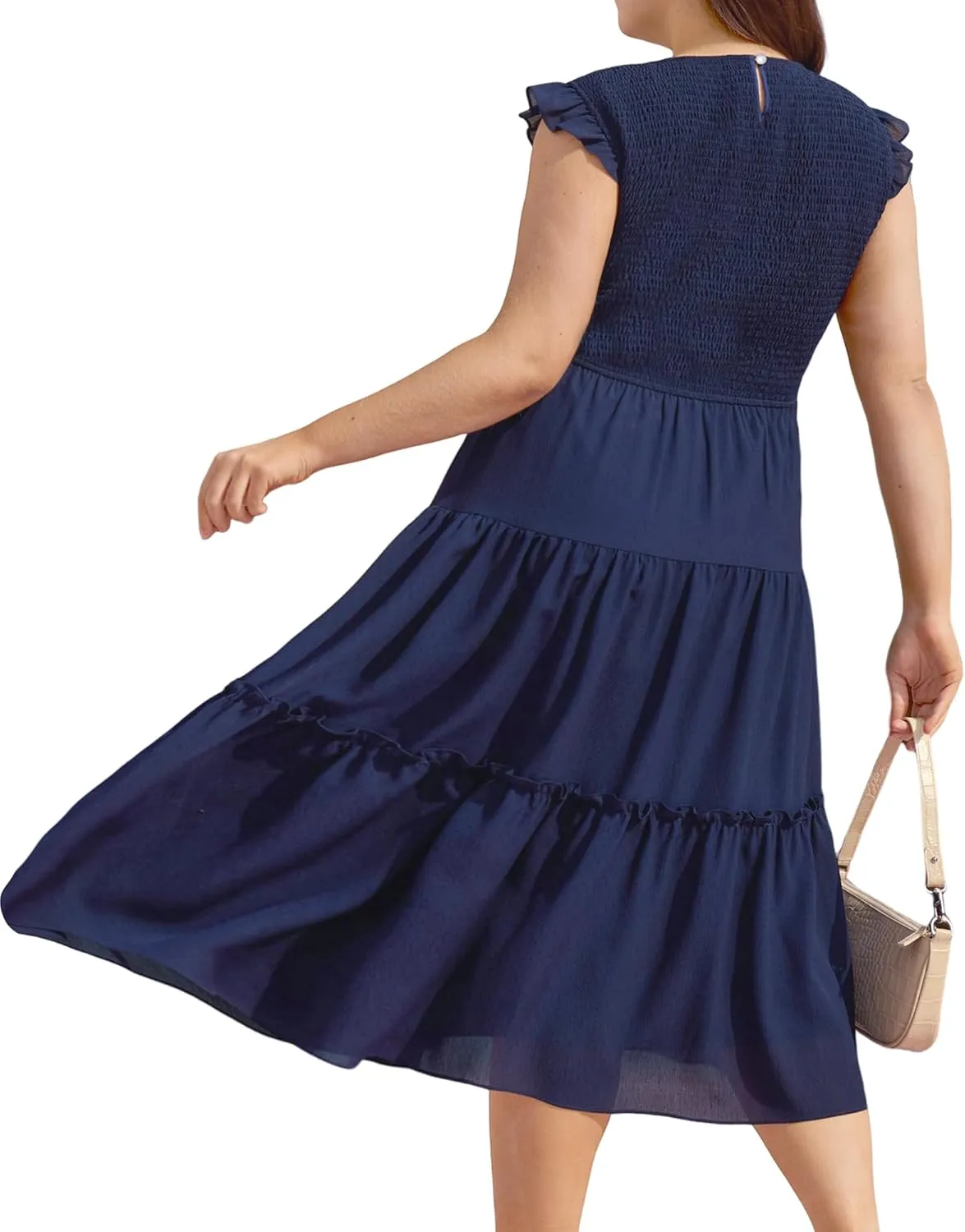 Womens Dresses Plus Size Summer 2025 Maxi Dress Ruffle Sleeves Round Neck Blue Smocked Long Dress