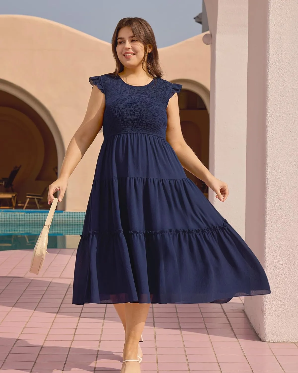 Womens Dresses Plus Size Summer 2025 Maxi Dress Ruffle Sleeves Round Neck Blue Smocked Long Dress