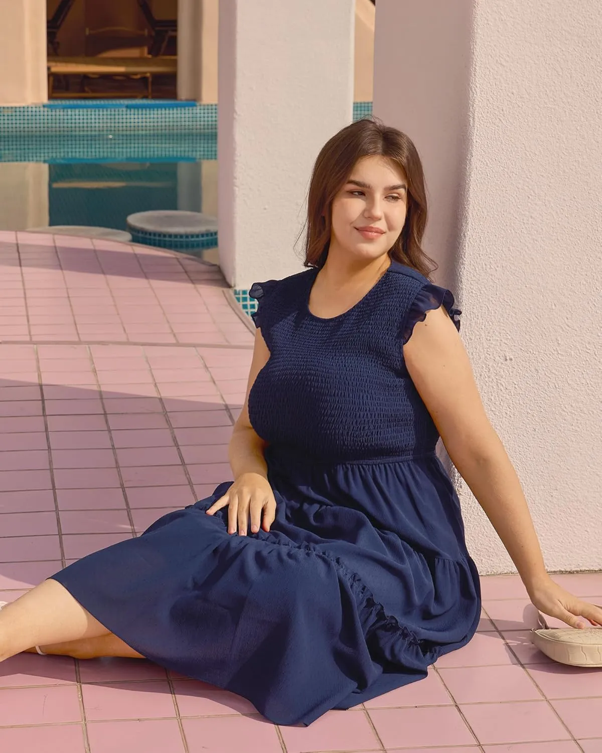Womens Dresses Plus Size Summer 2025 Maxi Dress Ruffle Sleeves Round Neck Blue Smocked Long Dress