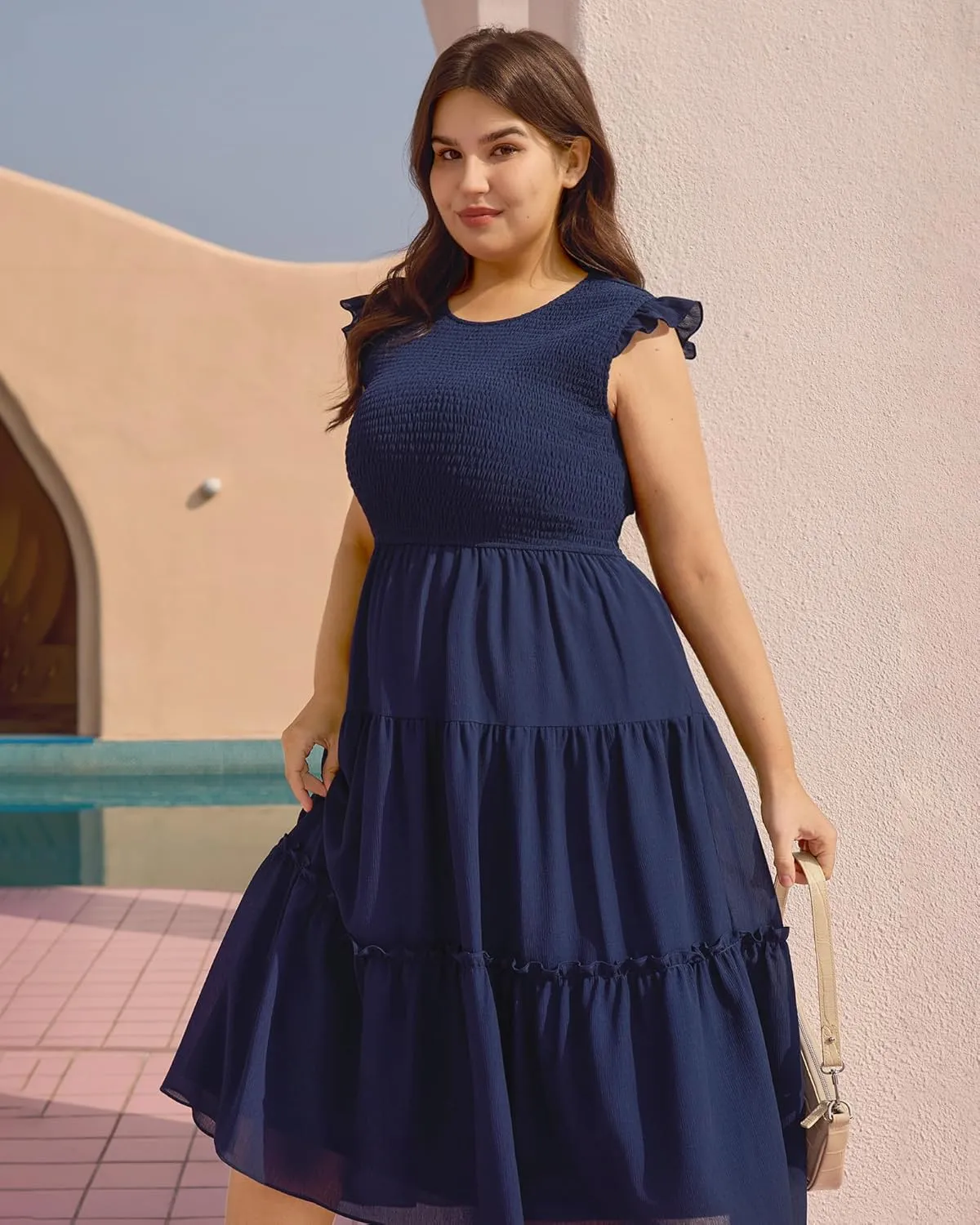 Womens Dresses Plus Size Summer 2025 Maxi Dress Ruffle Sleeves Round Neck Blue Smocked Long Dress