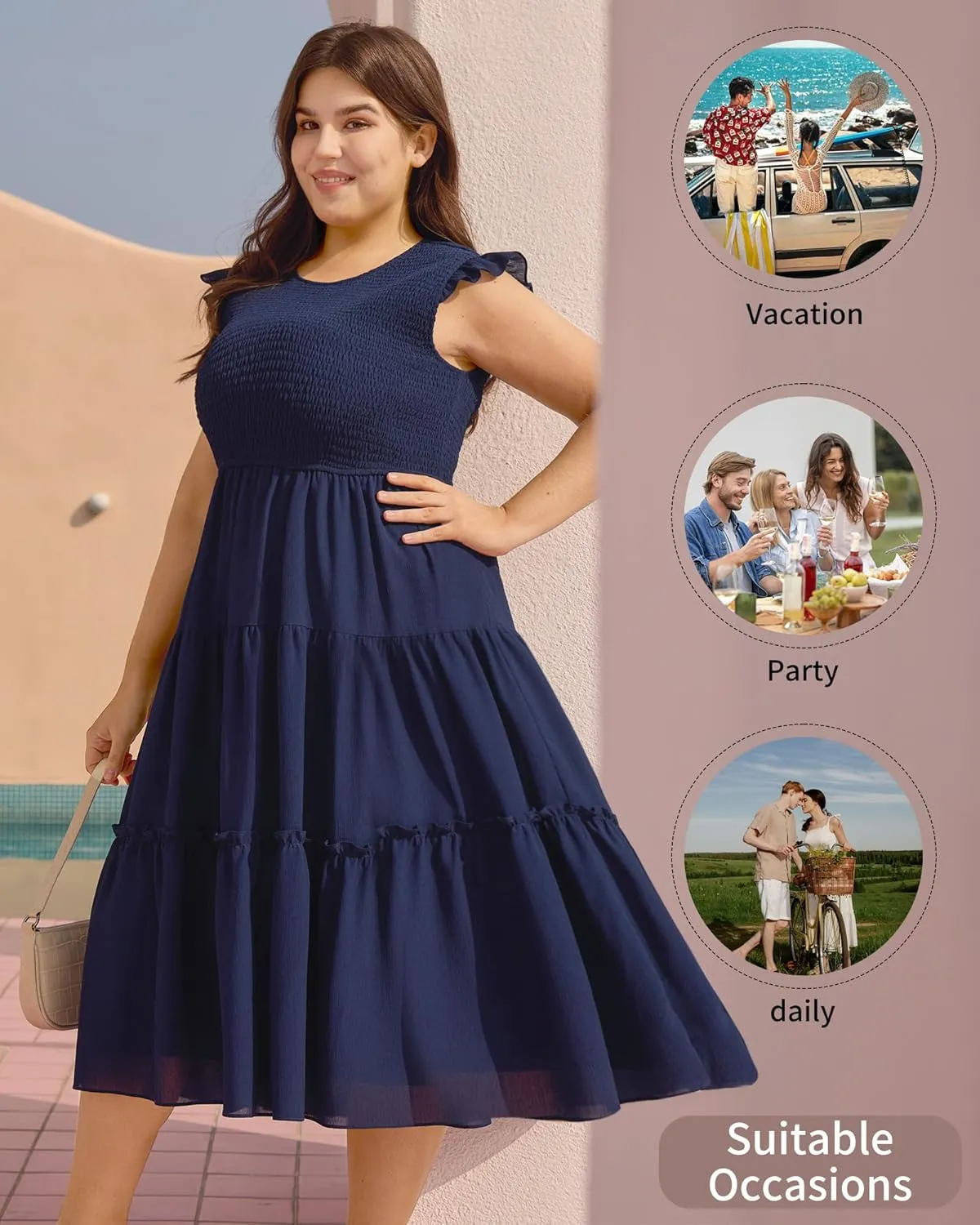 Womens Dresses Plus Size Summer 2025 Maxi Dress Ruffle Sleeves Round Neck Blue Smocked Long Dress