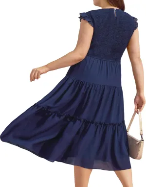 Womens Dresses Plus Size Summer 2025 Maxi Dress Ruffle Sleeves Round Neck Blue Smocked Long Dress