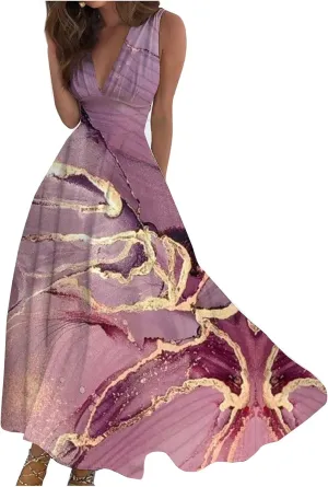 Womens Dresses Wrap V Neck Flowy Ruched Sundresses Floral Print Sleeveless Boho Dress Elegant Beach Dresses