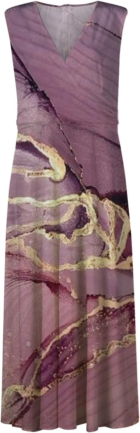 Womens Dresses Wrap V Neck Flowy Ruched Sundresses Floral Print Sleeveless Boho Dress Elegant Beach Dresses
