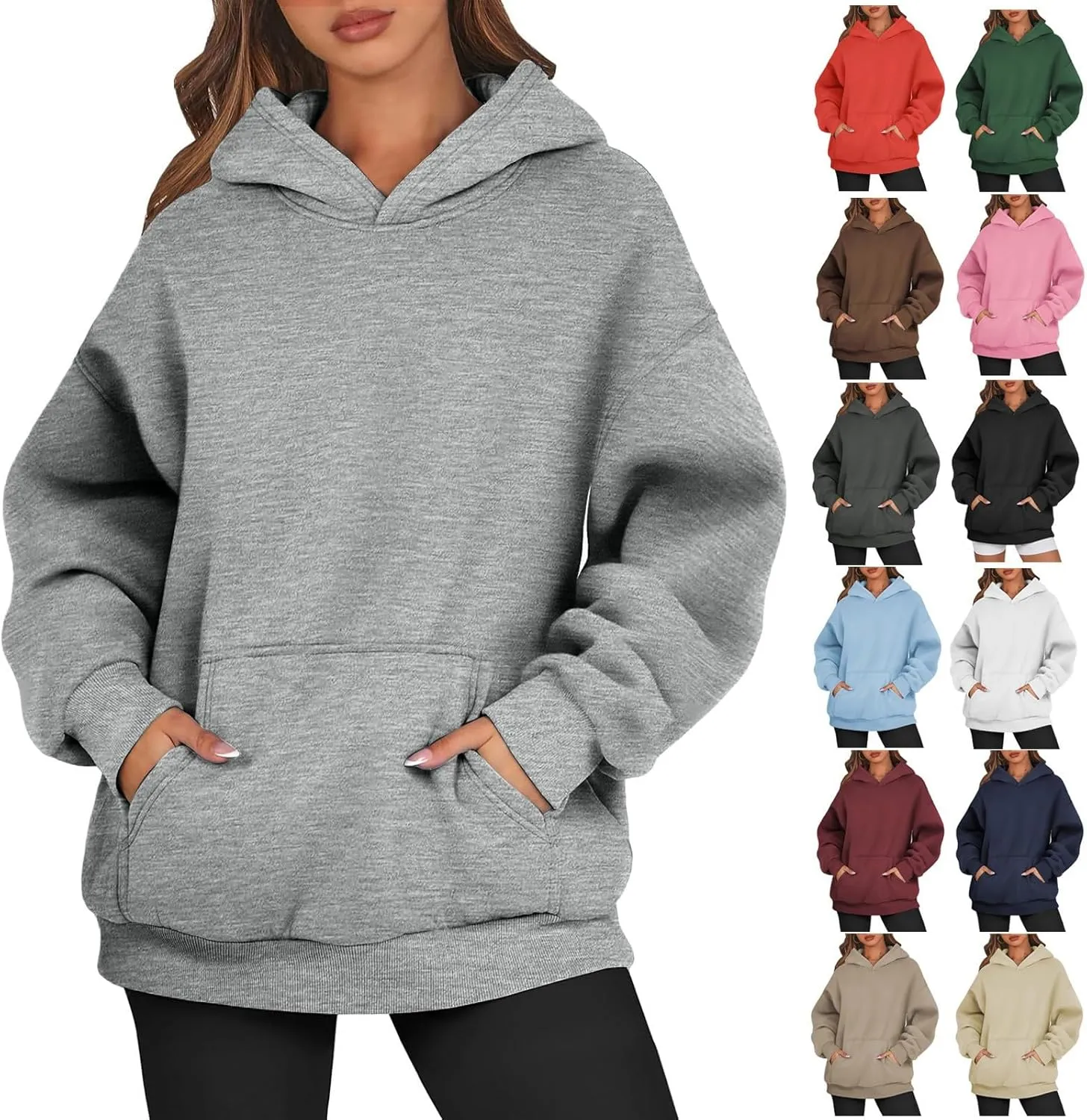Women's Fashion Loose Fall Hooded Sweatshirt Solid Color Casual Daily Long Sleeve Fleece Sweaters Pullover with Pocket