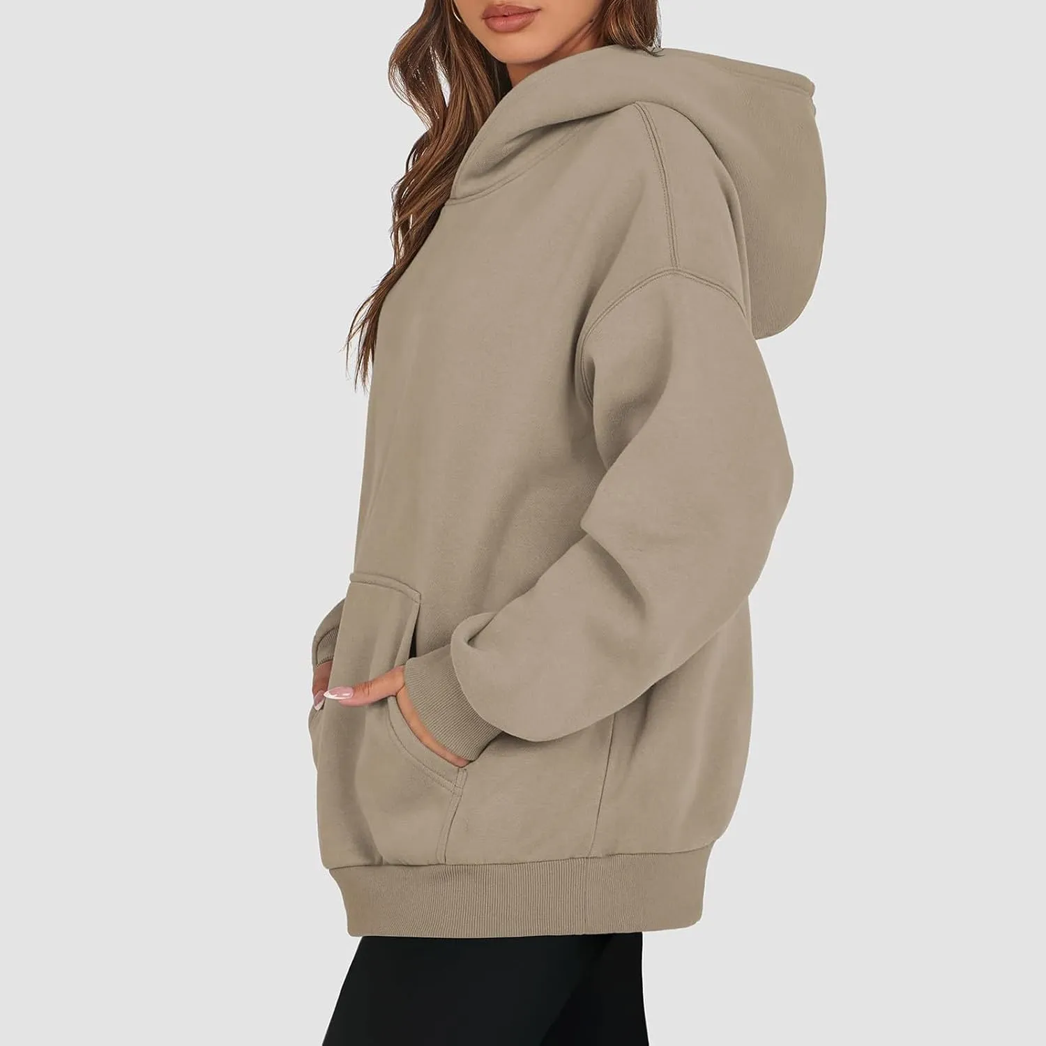 Women's Fashion Loose Fall Hooded Sweatshirt Solid Color Casual Daily Long Sleeve Fleece Sweaters Pullover with Pocket