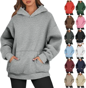 Women's Fashion Loose Fall Hooded Sweatshirt Solid Color Casual Daily Long Sleeve Fleece Sweaters Pullover with Pocket