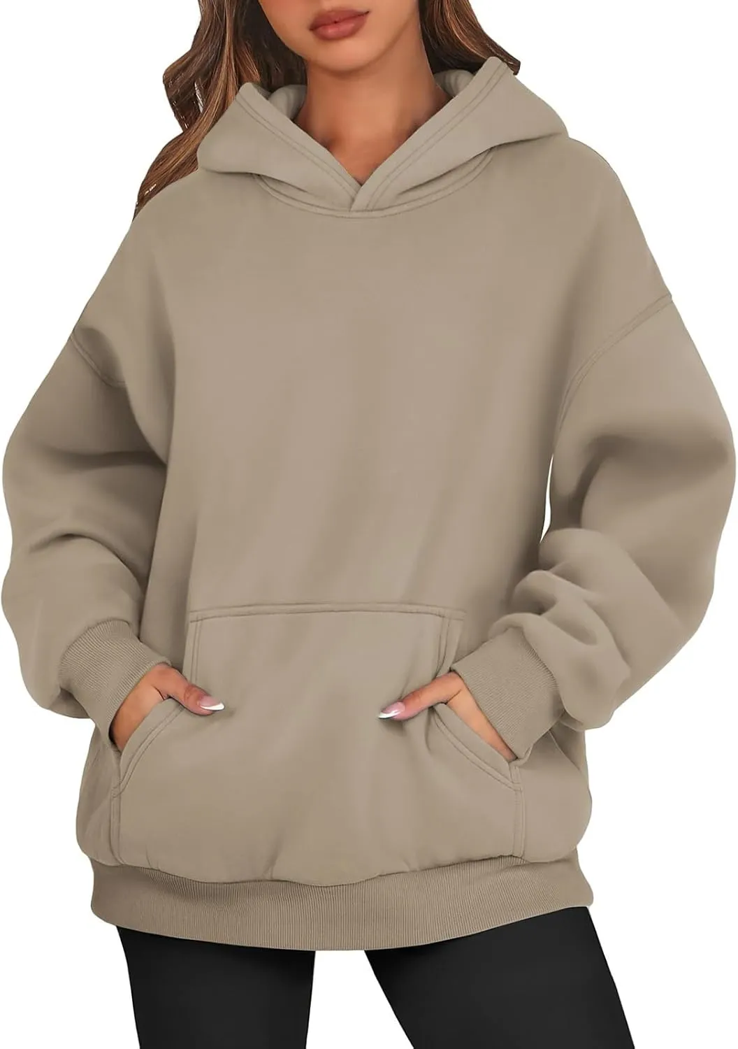 Women's Fashion Loose Fall Hooded Sweatshirt Solid Color Casual Daily Long Sleeve Fleece Sweaters Pullover with Pocket