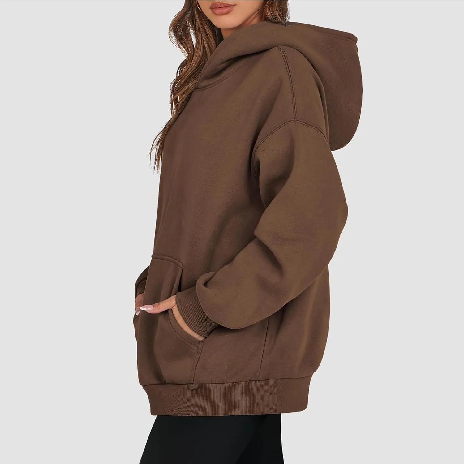 Women's Fashion Loose Fall Hooded Sweatshirt Solid Color Casual Daily Long Sleeve Fleece Sweaters Pullover with Pocket