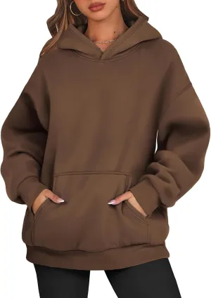 Women's Fashion Loose Fall Hooded Sweatshirt Solid Color Casual Daily Long Sleeve Fleece Sweaters Pullover with Pocket