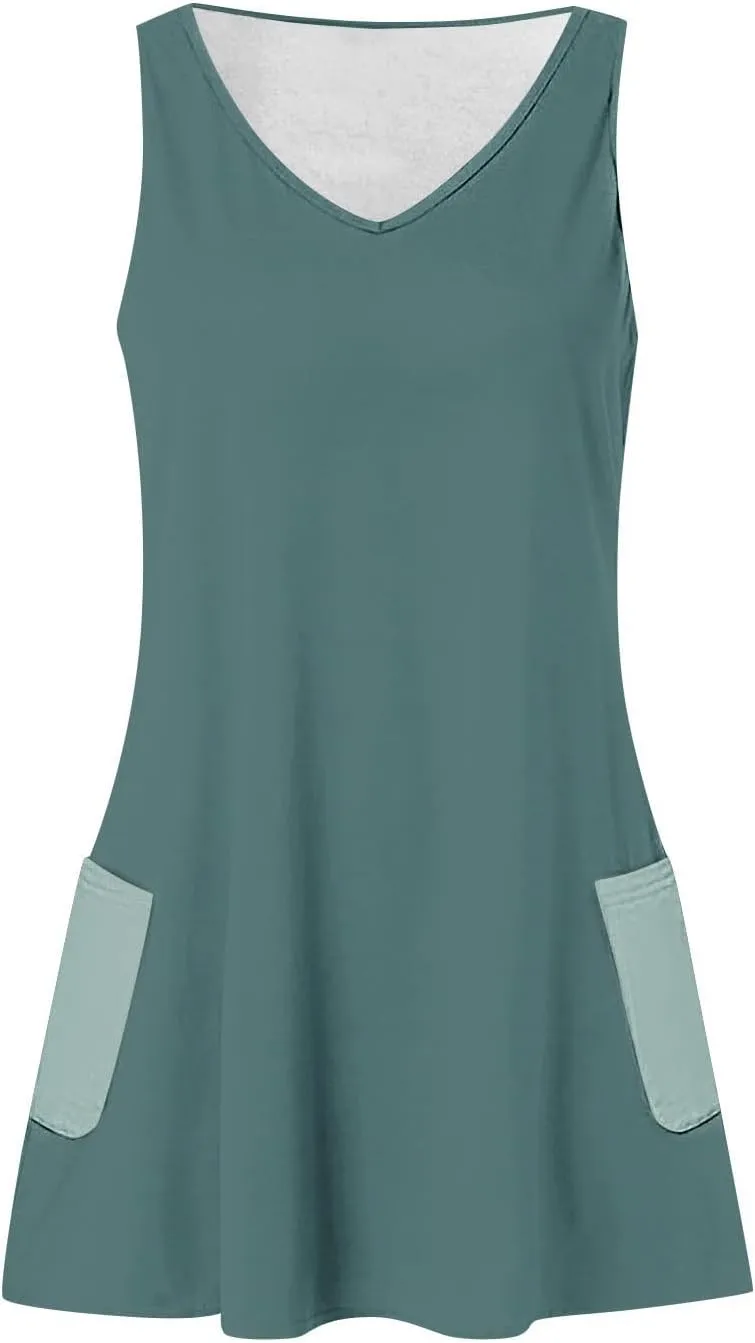 Womens Fashion Spring Summer Dresses Solid Color V-Neck Straps Color Matching Curve Hem Sundress with Pocket