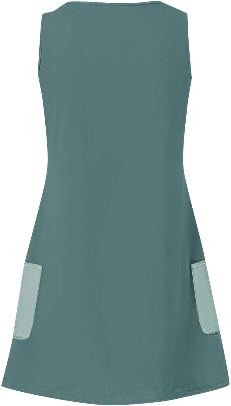 Womens Fashion Spring Summer Dresses Solid Color V-Neck Straps Color Matching Curve Hem Sundress with Pocket