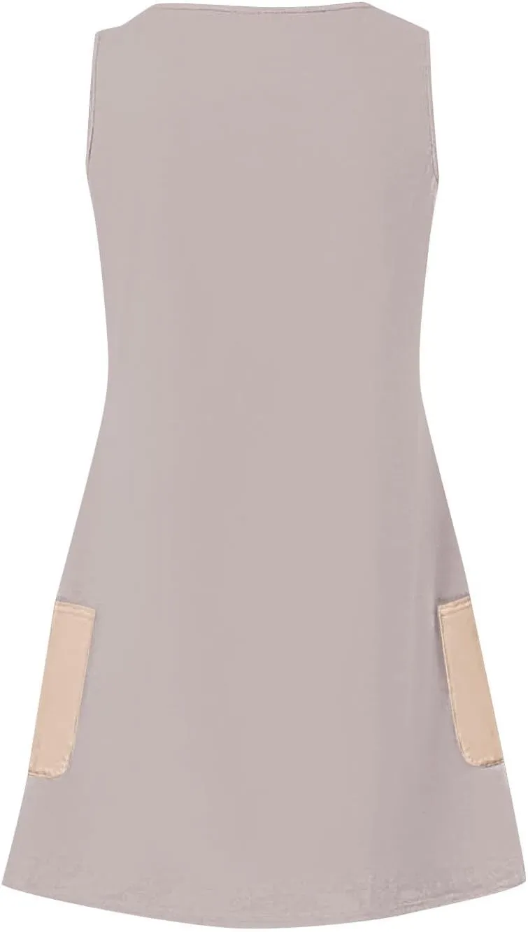 Womens Fashion Spring Summer Dresses Solid Color V-Neck Straps Color Matching Curve Hem Sundress with Pocket