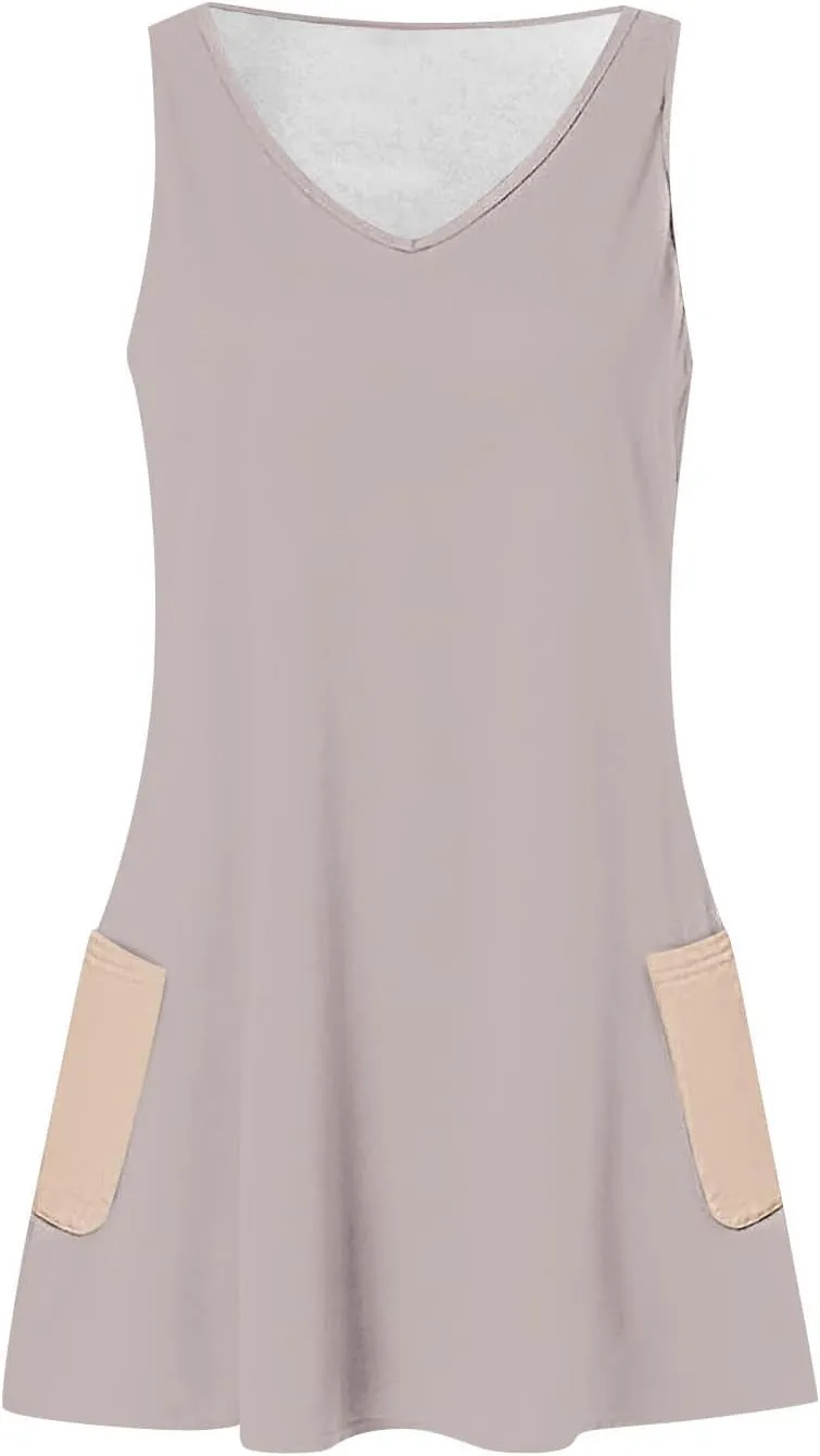 Womens Fashion Spring Summer Dresses Solid Color V-Neck Straps Color Matching Curve Hem Sundress with Pocket