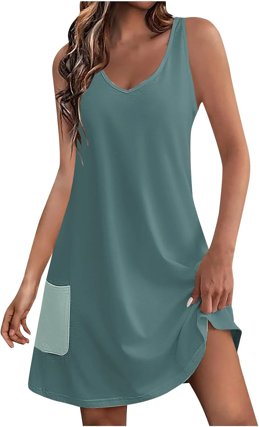 Womens Fashion Spring Summer Dresses Solid Color V-Neck Straps Color Matching Curve Hem Sundress with Pocket