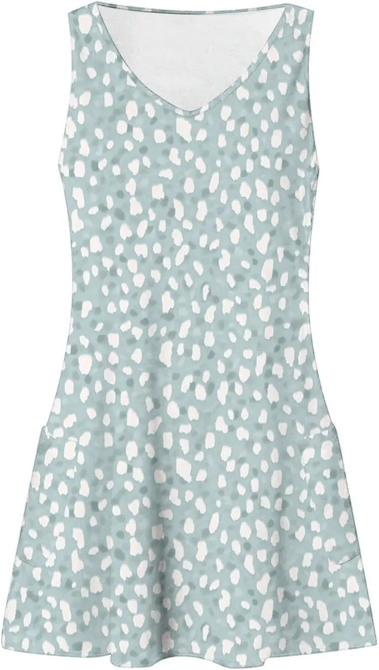 Womens Fashion Summer Sundress Floral Printed Sleeveless Pleated Casual Mini Dress V-Neck Beach Dress with Pocket