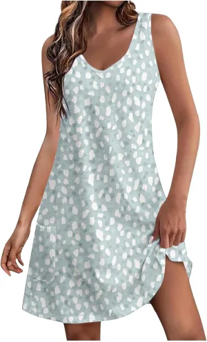 Womens Fashion Summer Sundress Floral Printed Sleeveless Pleated Casual Mini Dress V-Neck Beach Dress with Pocket