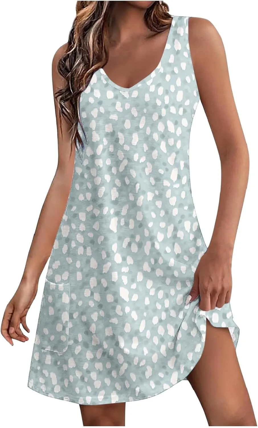 Womens Fashion Summer Sundress Floral Printed Sleeveless Pleated Casual Mini Dress V-Neck Beach Dress with Pocket