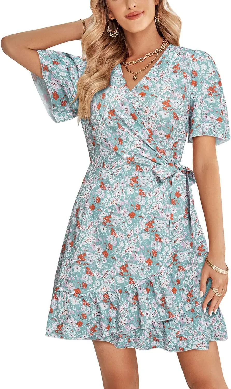 Women's Floral V Neck Summer Short Dress 2023 Spring Summer Ruffle Long Sleeve Floral Print Mini Dress