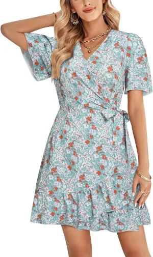 Women's Floral V Neck Summer Short Dress 2023 Spring Summer Ruffle Long Sleeve Floral Print Mini Dress