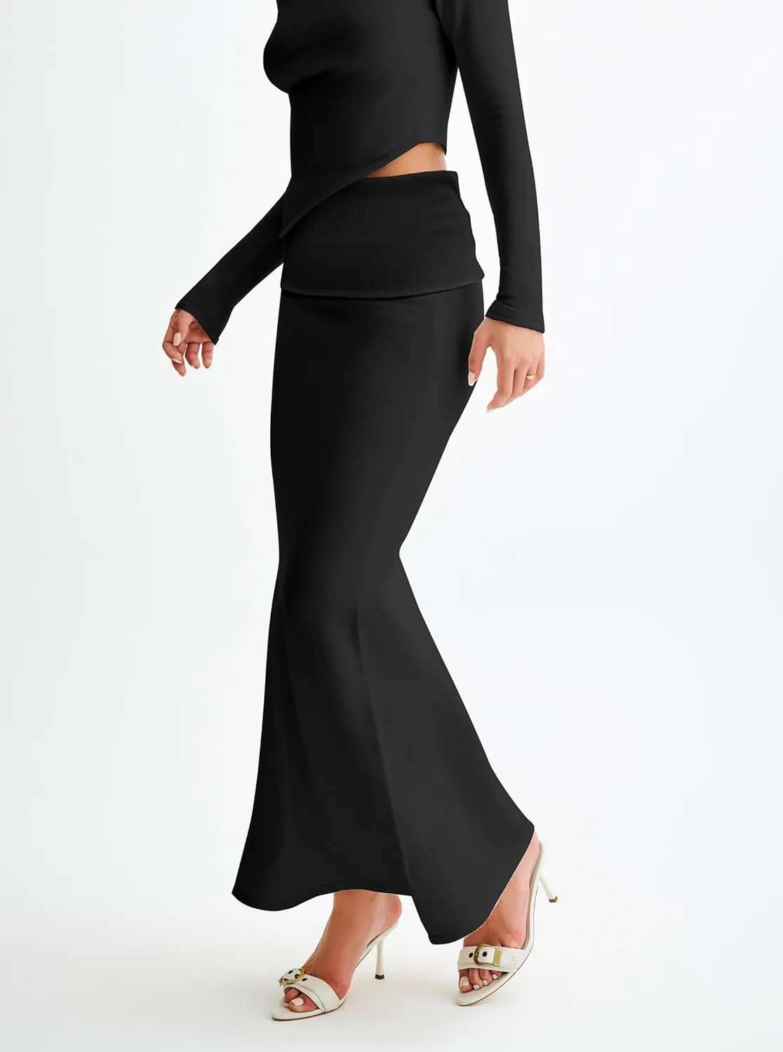Women's Folded High Waisted Ribbed Knit Maxi Skirt Bodycon Fishtail Long Skirts