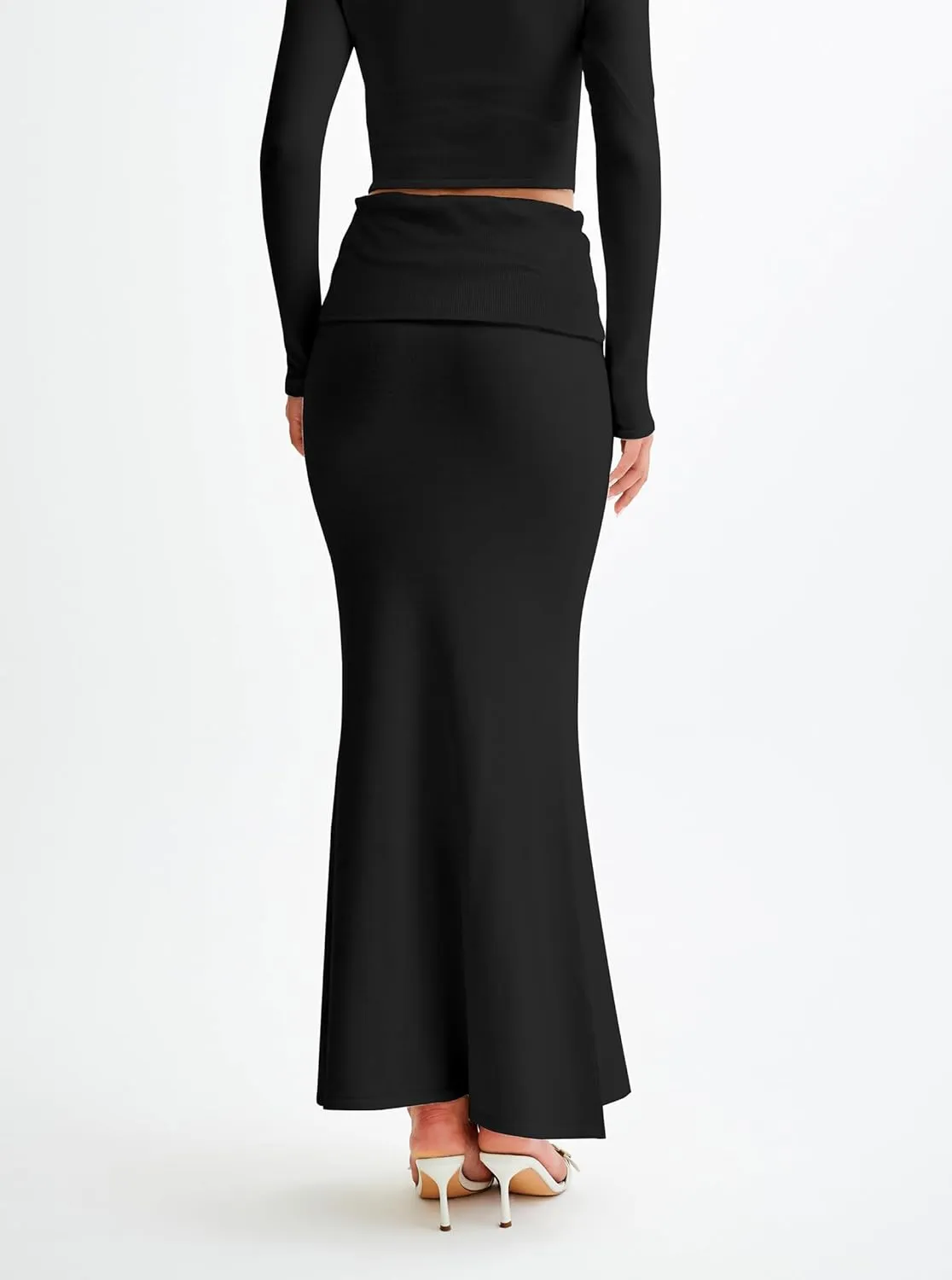 Women's Folded High Waisted Ribbed Knit Maxi Skirt Bodycon Fishtail Long Skirts