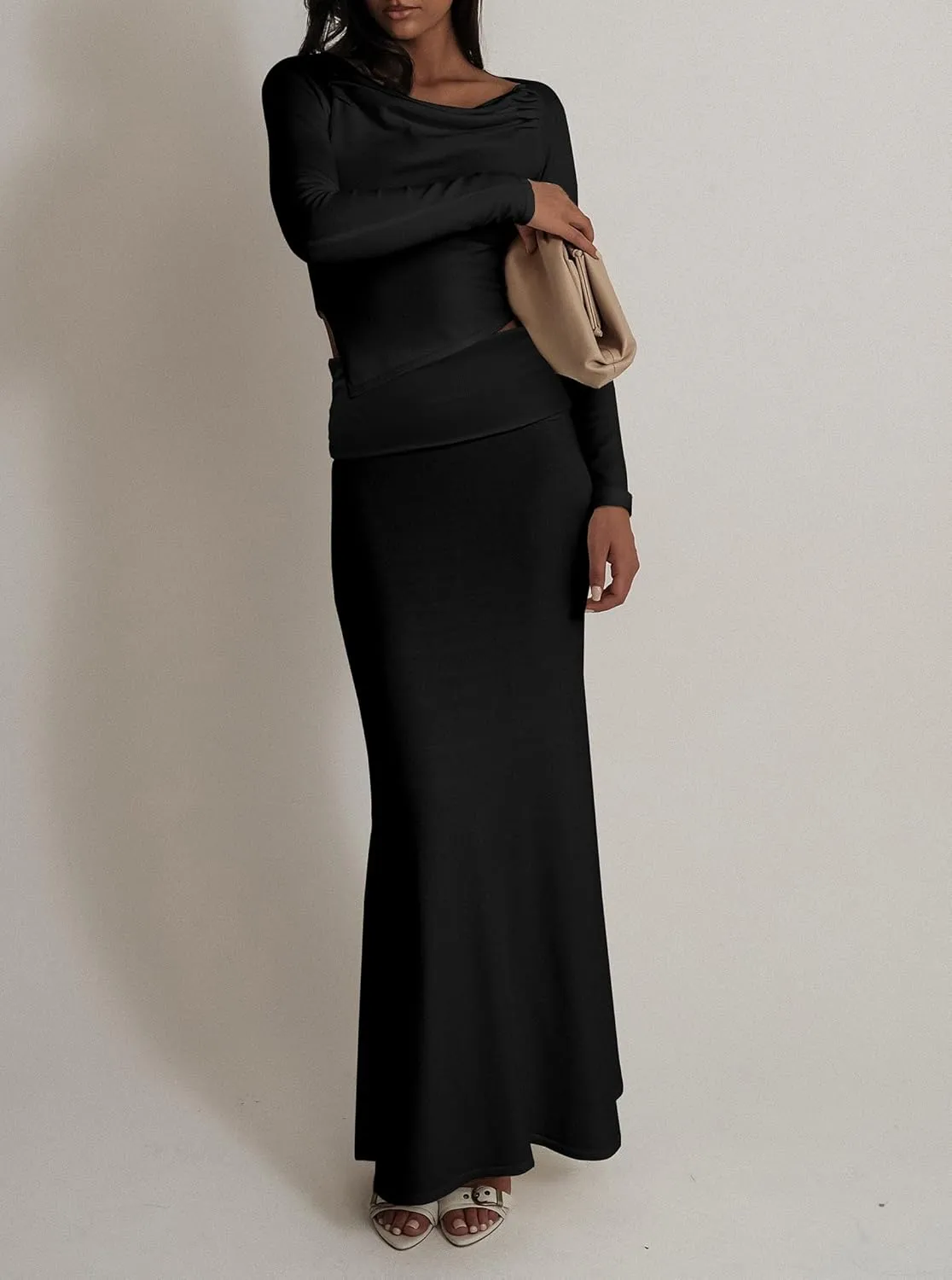 Women's Folded High Waisted Ribbed Knit Maxi Skirt Bodycon Fishtail Long Skirts