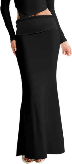 Women's Folded High Waisted Ribbed Knit Maxi Skirt Bodycon Fishtail Long Skirts