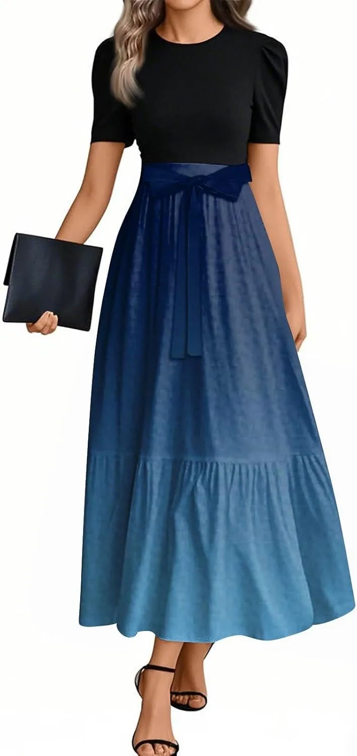 Womens Gradient Dress Spring Short Sleeve Comfy Tie Waist Crewneck Fashion Holiday Belted Long Dress