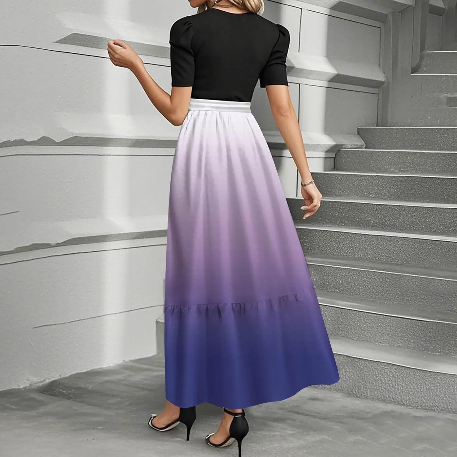 Womens Gradient Dress Spring Short Sleeve Comfy Tie Waist Crewneck Fashion Holiday Belted Long Dress