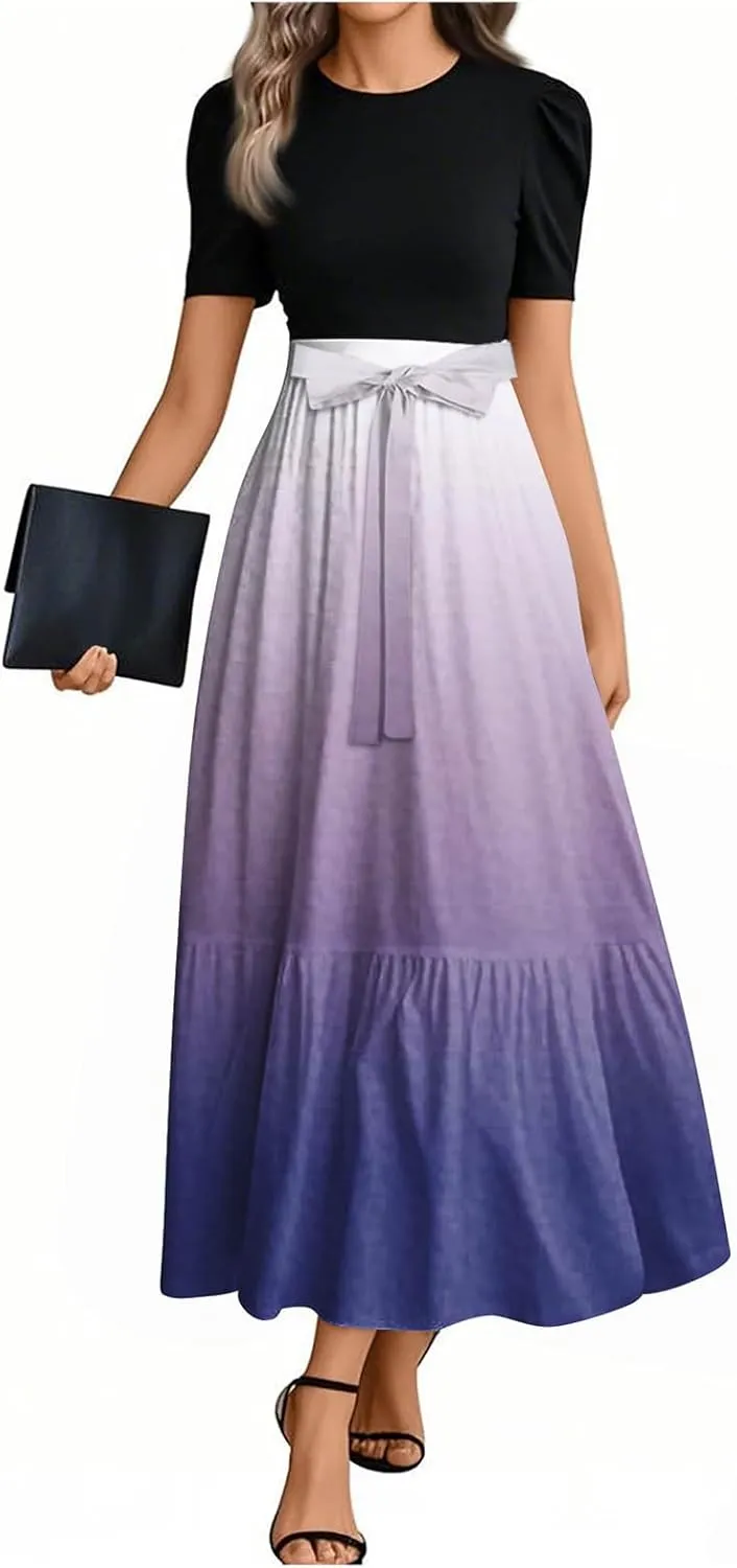 Womens Gradient Dress Spring Short Sleeve Comfy Tie Waist Crewneck Fashion Holiday Belted Long Dress