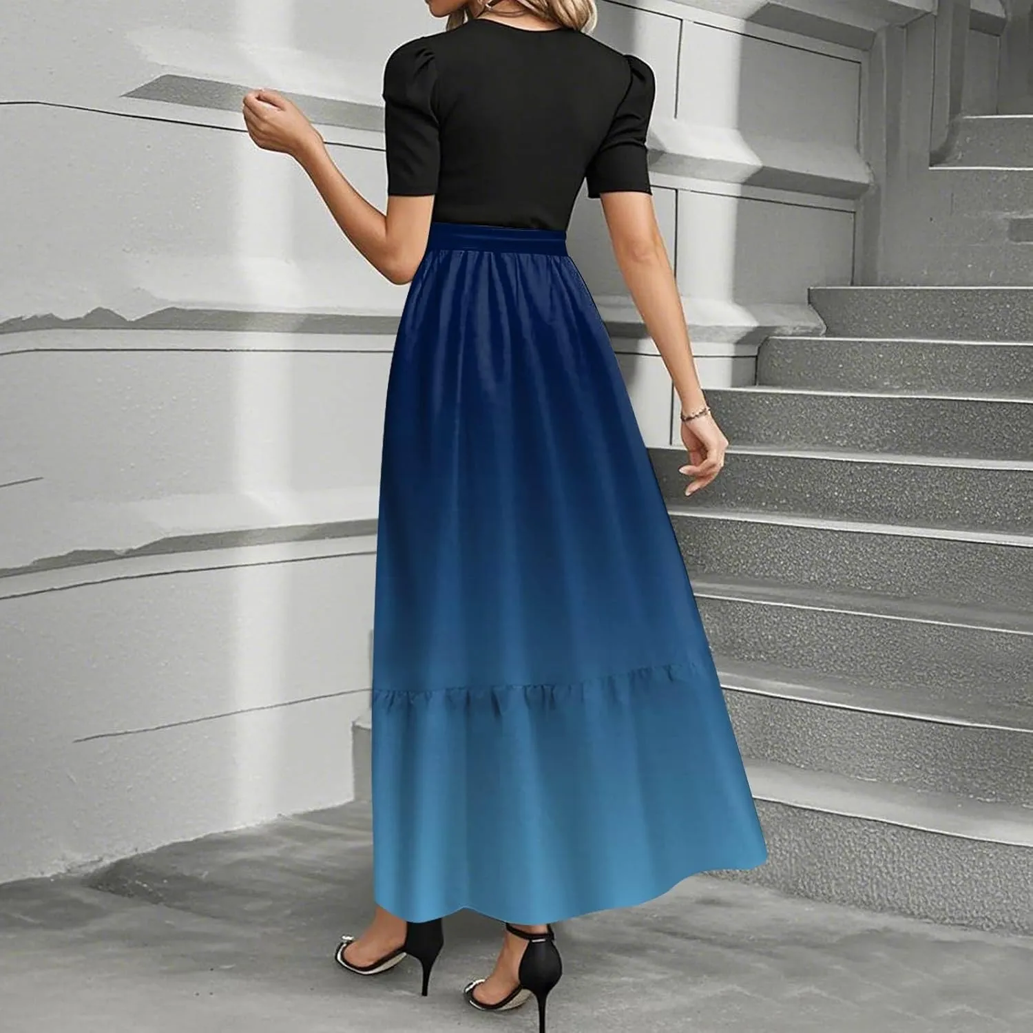 Womens Gradient Dress Spring Short Sleeve Comfy Tie Waist Crewneck Fashion Holiday Belted Long Dress