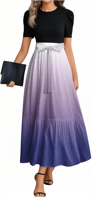 Womens Gradient Dress Spring Short Sleeve Comfy Tie Waist Crewneck Fashion Holiday Belted Long Dress