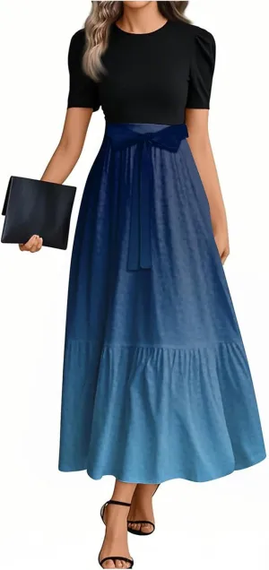 Womens Gradient Dress Spring Short Sleeve Comfy Tie Waist Crewneck Fashion Holiday Belted Long Dress