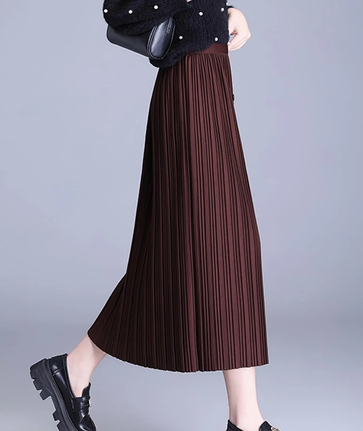 Womens High Waisted Midi Skirt Trendy Elastic Waist Pleated Skirts for Winter Fall