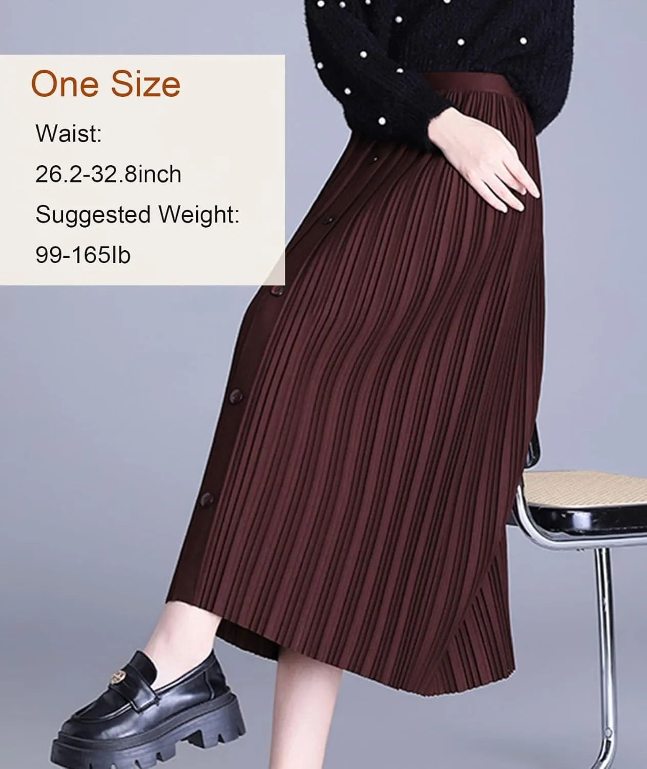 Womens High Waisted Midi Skirt Trendy Elastic Waist Pleated Skirts for Winter Fall