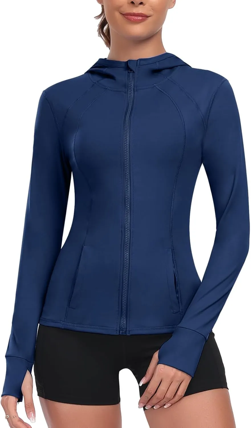 Women's Hooded Athletic Full Zip Workout Jacket With Pockets Running Slim Fit Yoga Sportwear With Thumb Holes