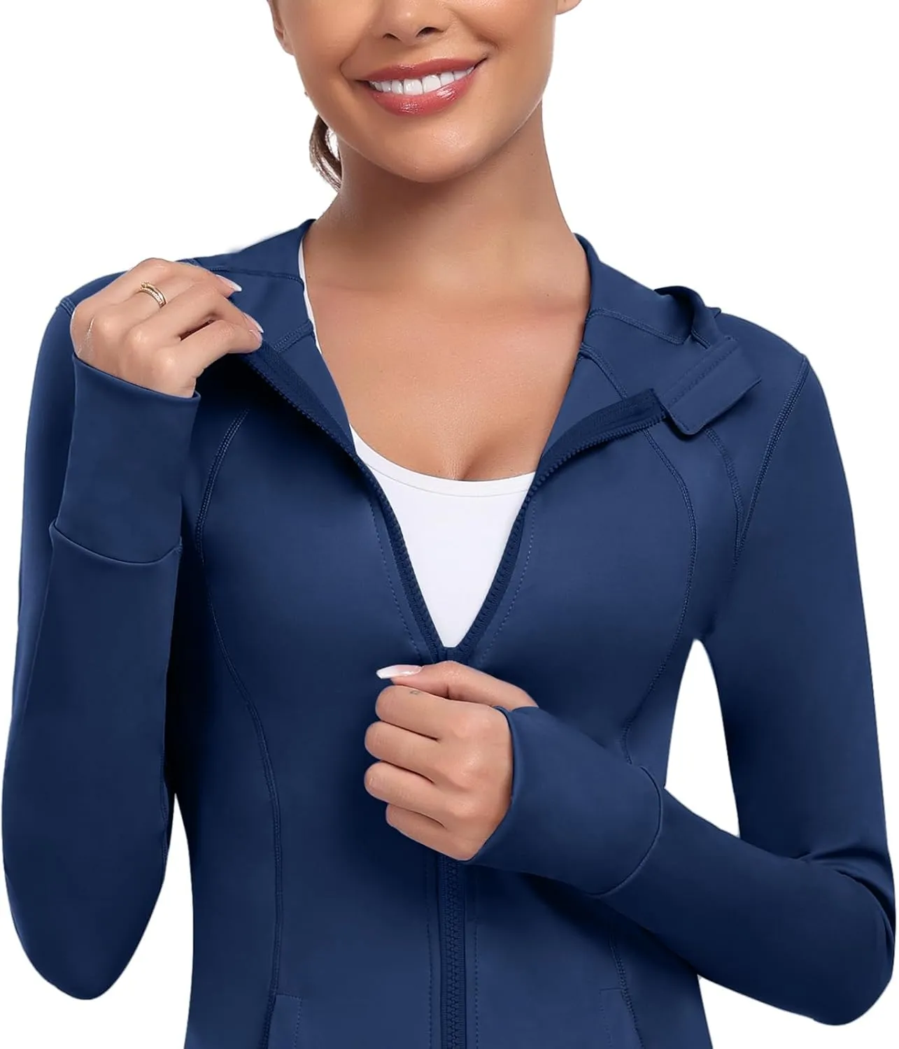 Women's Hooded Athletic Full Zip Workout Jacket With Pockets Running Slim Fit Yoga Sportwear With Thumb Holes