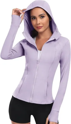 Women's Hooded Athletic Full Zip Workout Jacket With Pockets Running Slim Fit Yoga Sportwear With Thumb Holes