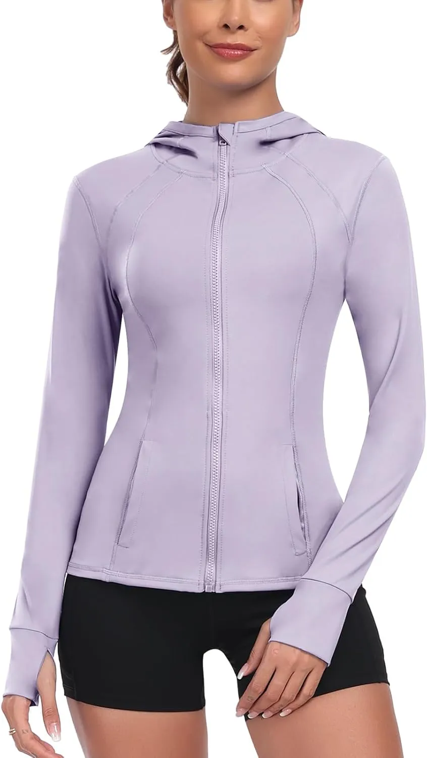 Women's Hooded Athletic Full Zip Workout Jacket With Pockets Running Slim Fit Yoga Sportwear With Thumb Holes