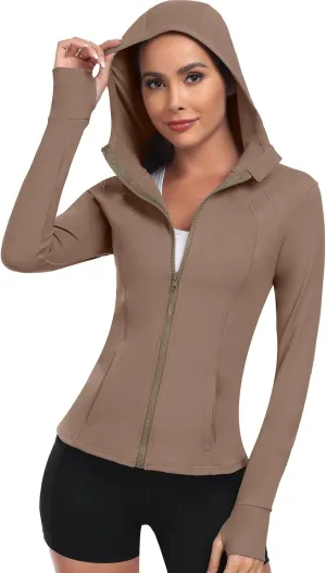 Women's Hooded Athletic Full Zip Workout Jacket With Pockets Running Slim Fit Yoga Sportwear With Thumb Holes