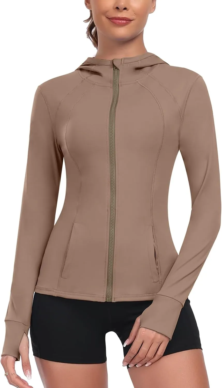 Women's Hooded Athletic Full Zip Workout Jacket With Pockets Running Slim Fit Yoga Sportwear With Thumb Holes