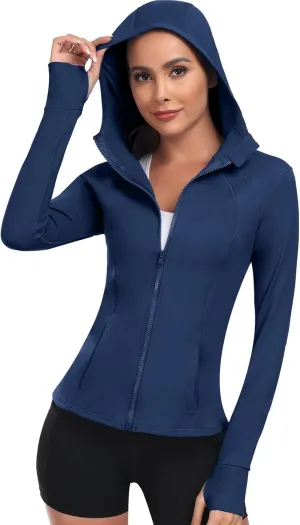 Women's Hooded Athletic Full Zip Workout Jacket With Pockets Running Slim Fit Yoga Sportwear With Thumb Holes