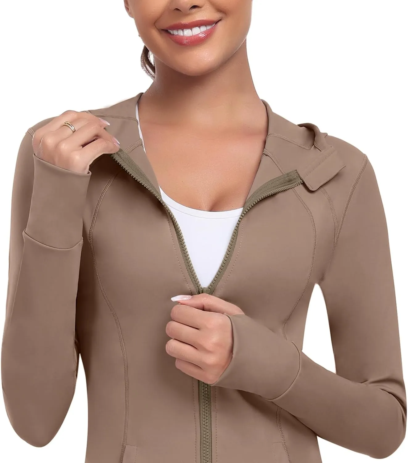 Women's Hooded Athletic Full Zip Workout Jacket With Pockets Running Slim Fit Yoga Sportwear With Thumb Holes