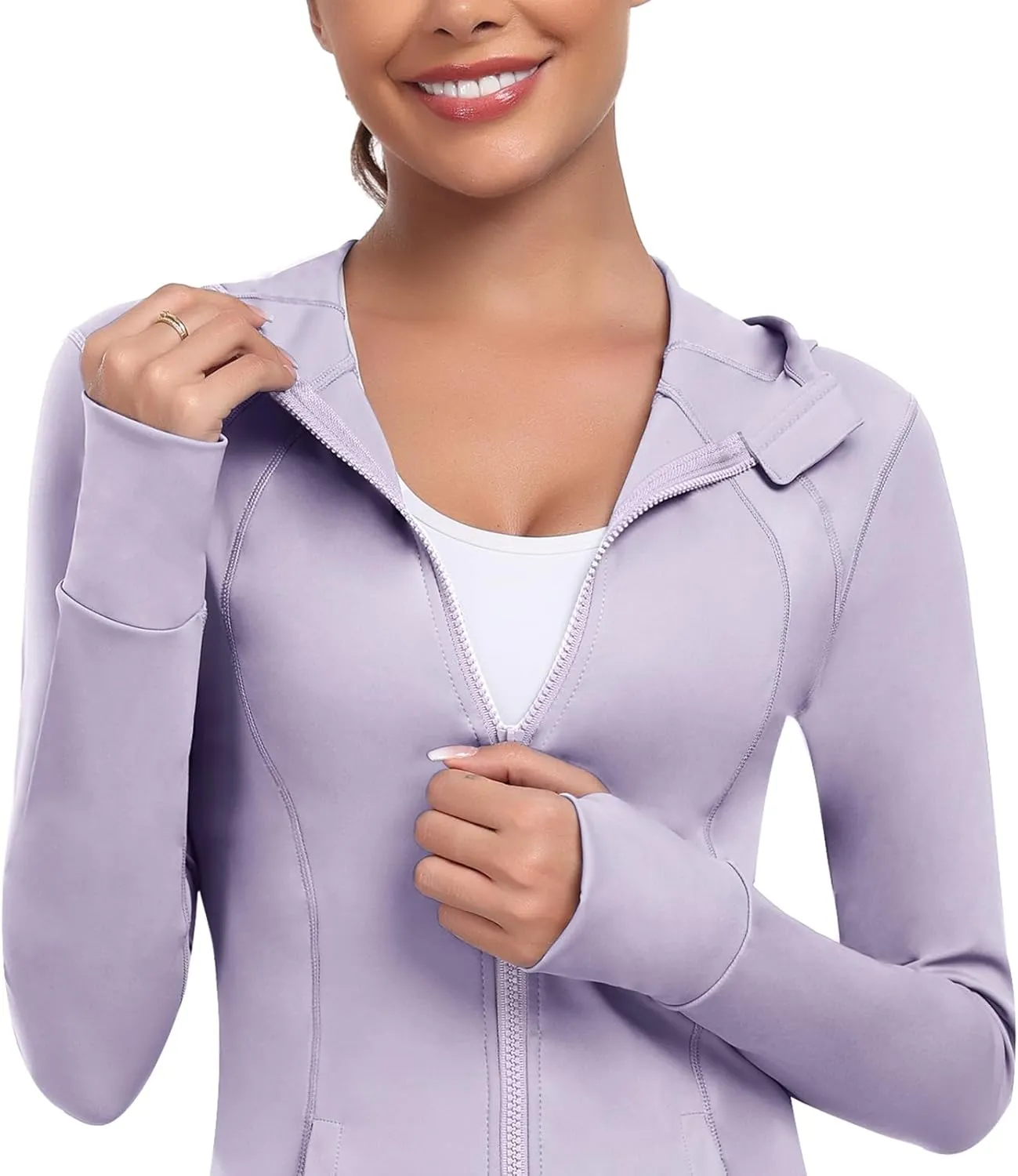 Women's Hooded Athletic Full Zip Workout Jacket With Pockets Running Slim Fit Yoga Sportwear With Thumb Holes