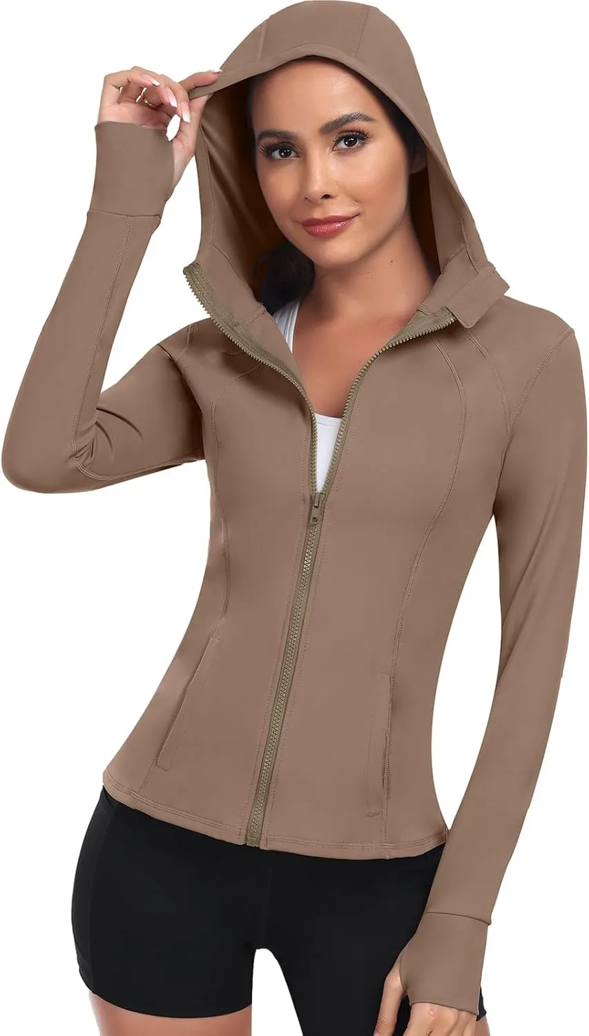 Women's Hooded Athletic Full Zip Workout Jacket With Pockets Running Slim Fit Yoga Sportwear With Thumb Holes