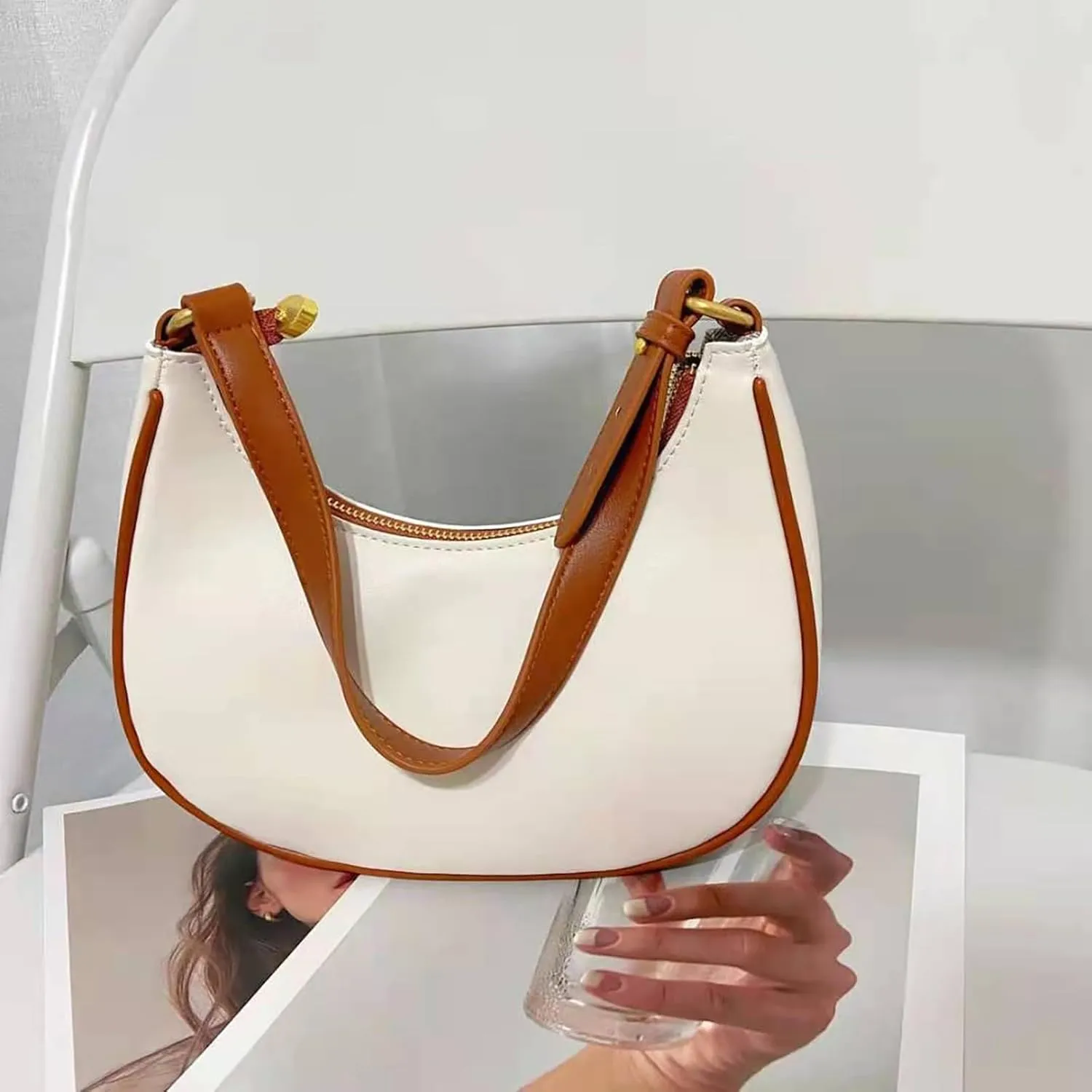 Women's Leisure Fashion Solid Color Contrast One Shoulder Versatile PU Dumpling Bun Shoulder Bag for (Beige, One Size)