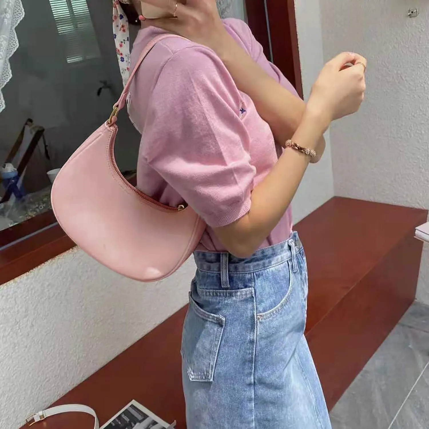 Women's Leisure Fashion Solid Color Contrast One Shoulder Versatile PU Dumpling Bun Shoulder Bag for School (One Size)