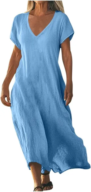 Womens Linen Dresses Loose Flowy V Neck Short Sleeve 2025 Boho Print Maxi Dress Lightweight Summer Beach Vacation
